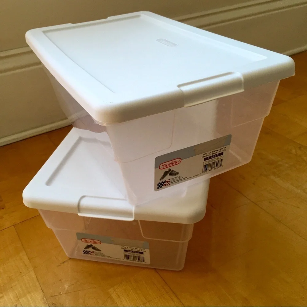 Set/2 Sterilite Shoe Boxes for Storage, Inventory, Crafts, Clear, White, NEW